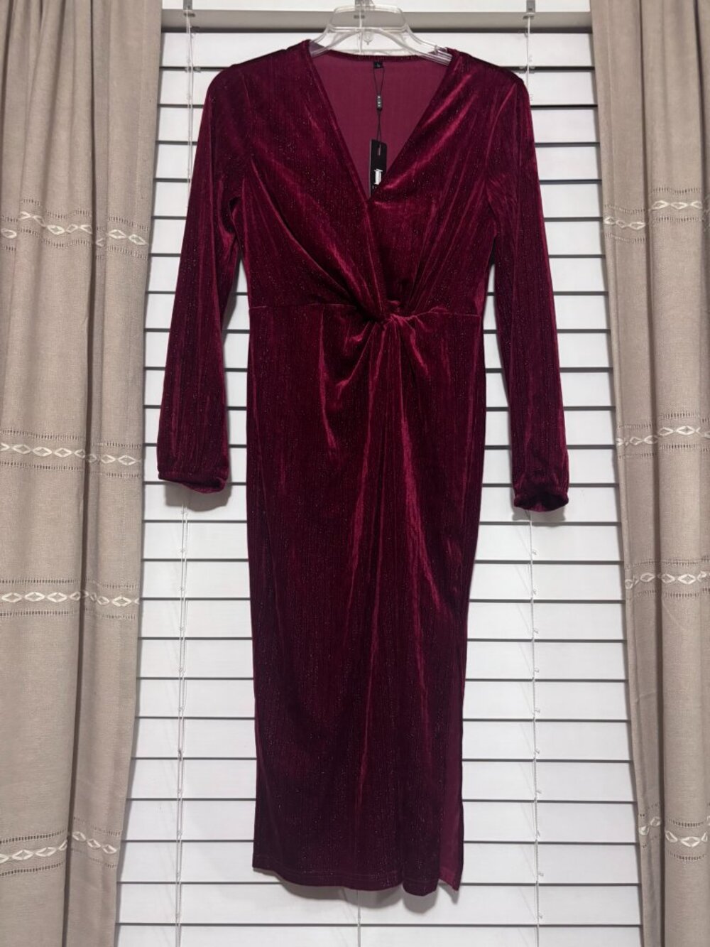 ININ Burgundy Velvet Metallic Shimmer Front Knot Maxi Dress Large